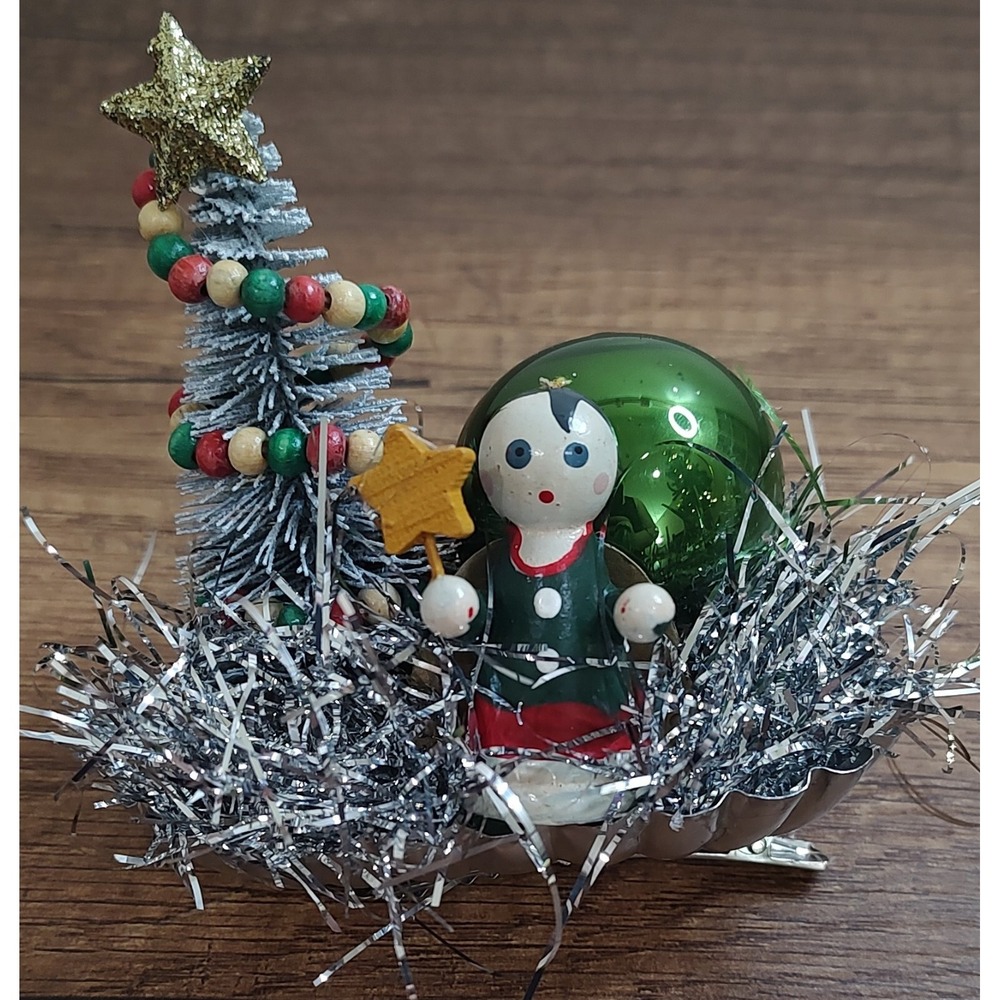 Handmade Tart Tin Vintage Angel Clip On Ornament Green Glass Ball Sisal Tree O6